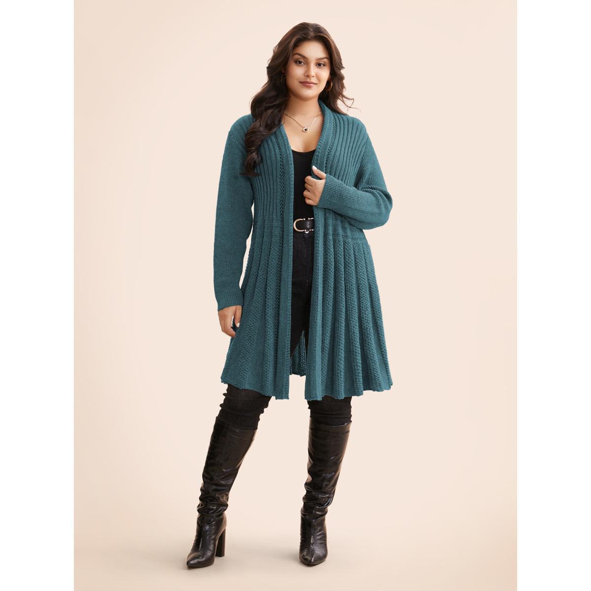 Plus Size Plain Textured Kimono Collar Cardigan Teal Women Casual Loose Long Sleeve Everyday Cardigans BloomChic 30/6X Product Image