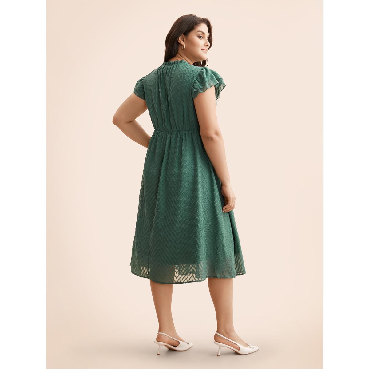 Plus Size Plain Geometric Layered Sleeve Pocket Ruffle Mock Neck Dress Emerald Women Office See through Round Neck Cap Sleeve Curvy Midi Dress BloomChic 30/6X Product Image