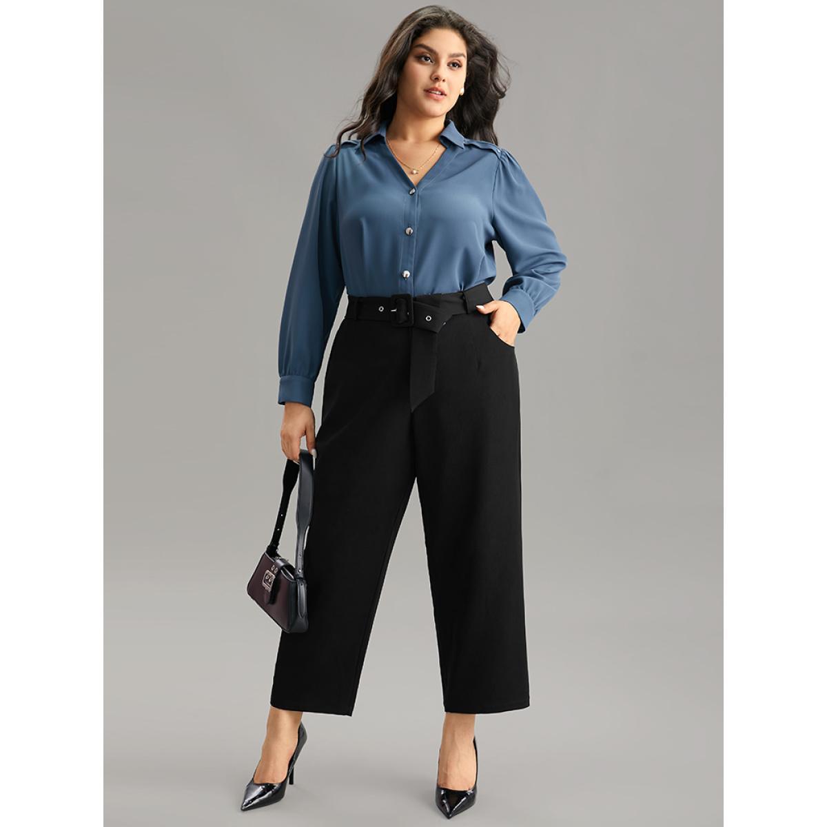 Plus Size Static-Free Buckle Detail Eyelet Pants Women Black Office High Rise Work Pants BloomChic 22-24/3X Product Image