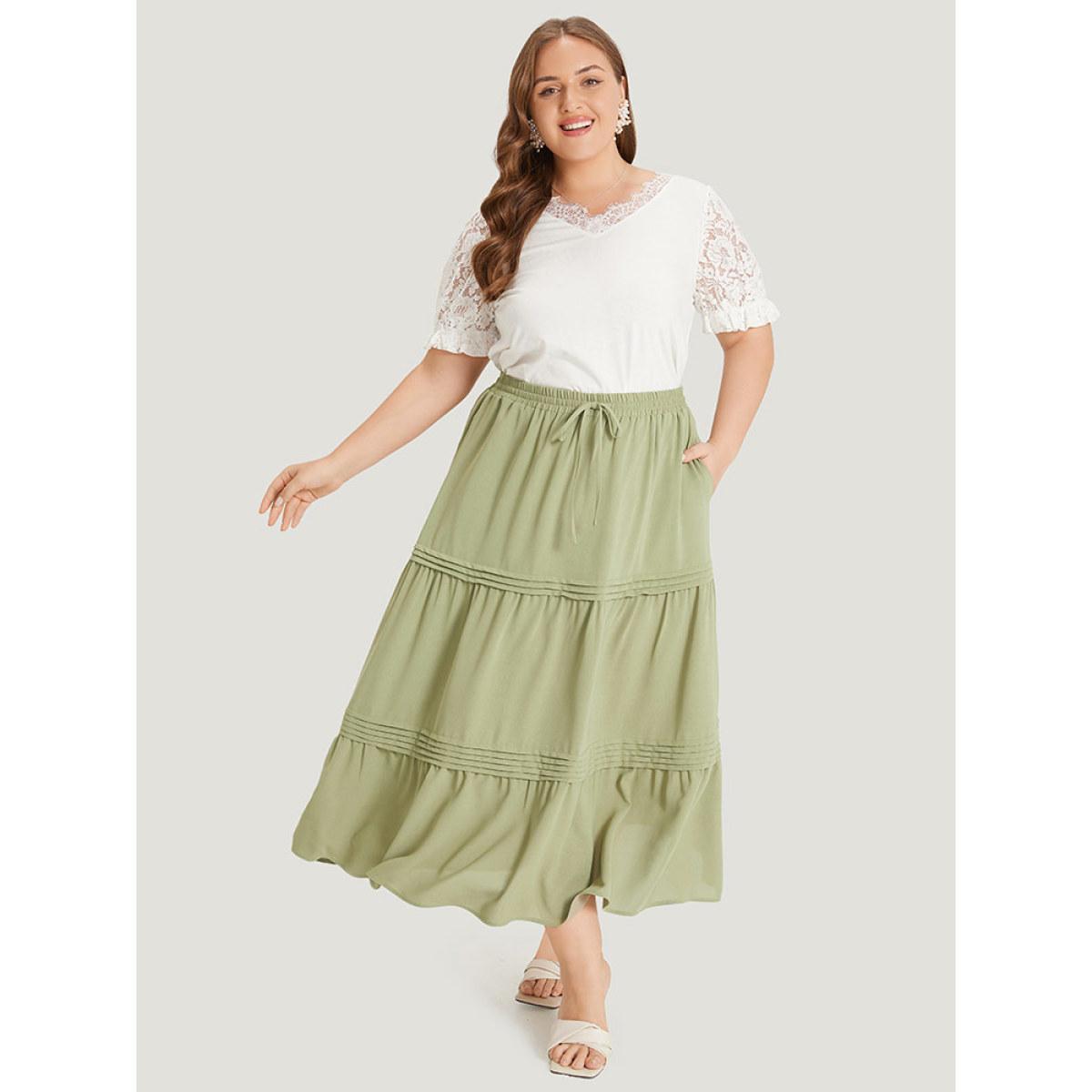 Plus Size Plain Drawstring Pocket Ruffle Layered Hem Skirt Women Sage Elegant Plain No stretch Pocket Dailywear Skirts BloomChic 26/4X Product Image