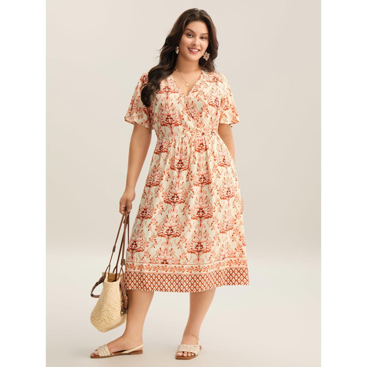 Plus Size Boho Floral Print Pockets Midi Dress Brightorange Women Overlap Collar Short sleeve Curvy BloomChic 26/4X Product Image