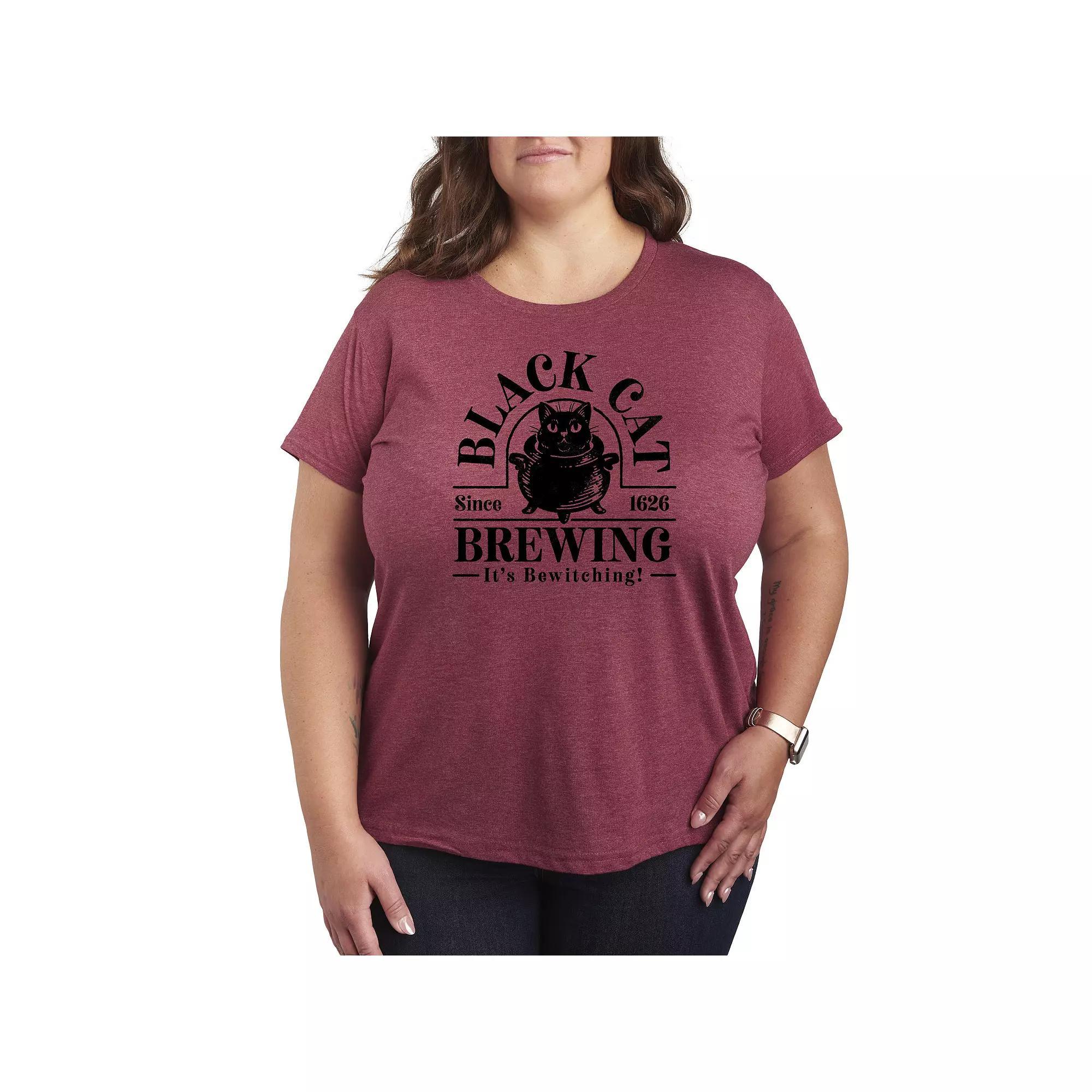 Plus Size Black Cat Brewing Graphic Tee, Womens Grey Dark Red Product Image