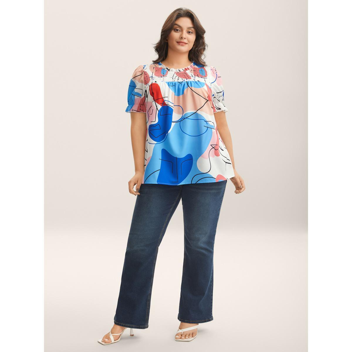 Plus Size Multicolor Whimsical Pattern Shirred Puff Sleeve Blouse Women Short sleeve Stand-up collar Everyday-Elegant Blouses BloomChic 12/L Product Image