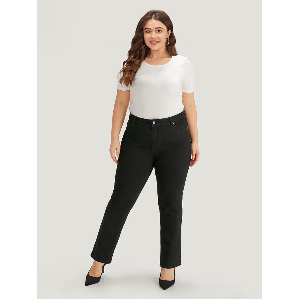 Plus Size Solid High Rise Black Wash Jeans Women Black Casual Plain Plain High stretch Pocket Jeans BloomChic 26/4X Product Image