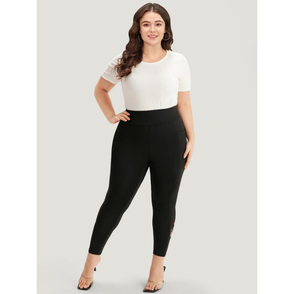 Plus Size Plain Pocket Wideband Waist Floral Print Leggings Women Black Elegant High stretch Skinny High Rise Dailywear Leggings BloomChic 22-24/3X Product Image