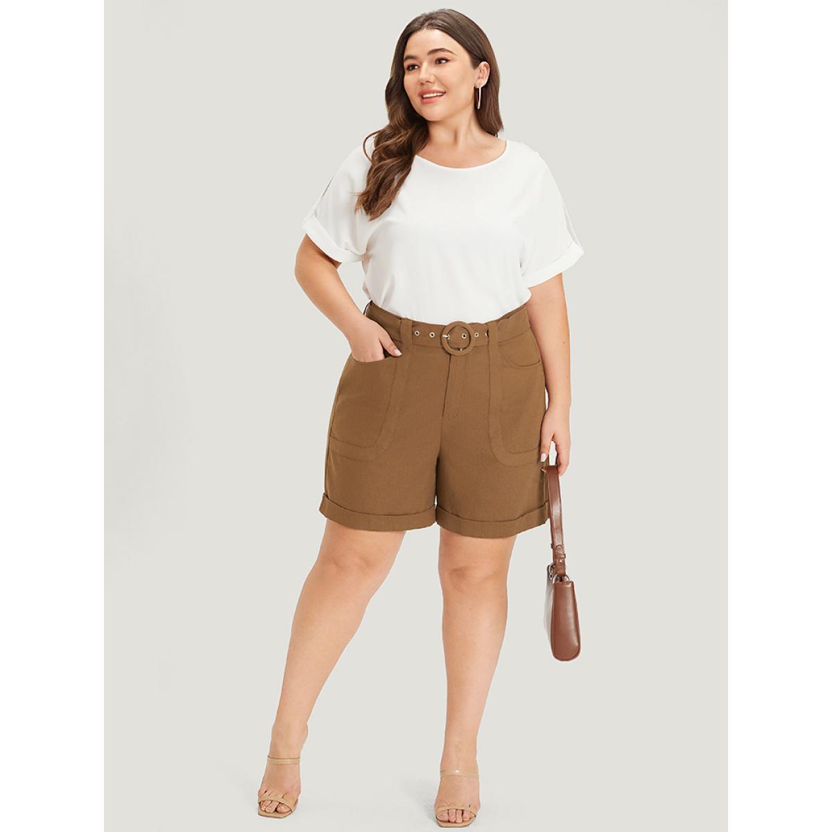 Plus Size Solid Pocket Belted Roll Hem High Rise Shorts Women DarkBrown Office Belted Work Shorts BloomChic 22-24/3X Product Image