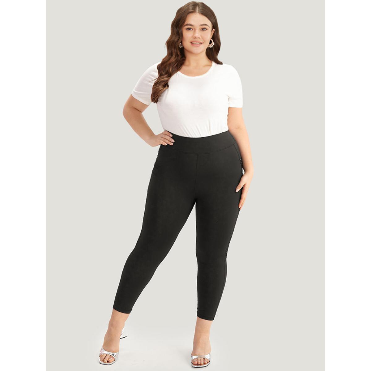Plus Size Patchwork Glitter Pocket Leggings Women Black Elegant High stretch Skinny High Rise Dailywear Leggings BloomChic 18-20/2X Product Image