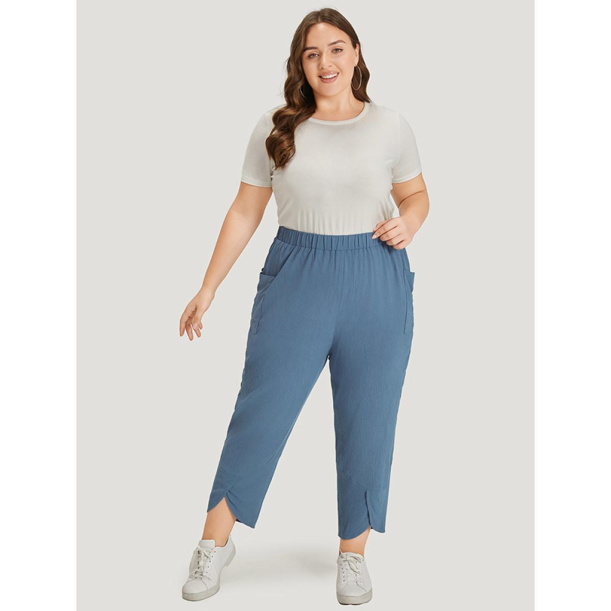 Plus Size Solid Pocket Elastic Waist Wrap Hem Pants Women Stone Casual High Rise Dailywear Pants BloomChic 14-16/1X Product Image