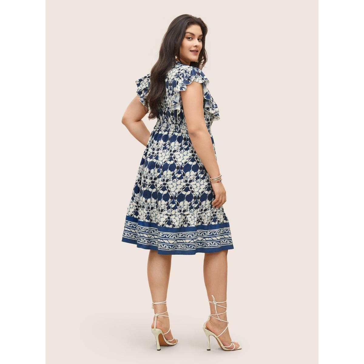 Plus Size Boho Print Ruffles Shirred Pocket Elastic Waist Dress DarkBlue Women Resort Non Notched collar Cap Sleeve Curvy Midi Dress BloomChic 12/L Product Image