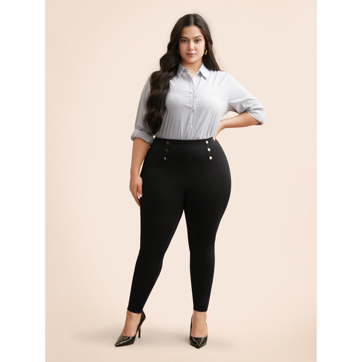 Plus Size High Rise Button Detail Stretchy Pants Women Black Workwear Essentials Skinny High Rise Work Pants BloomChic 26/4X Product Image