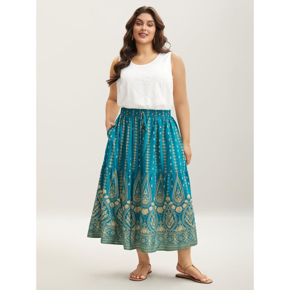 Plus Size Boho Geometric Print Tiered Maxi Skirt Women Turquoise Elegant Drawstring Bodycon Low stretch Slanted pocket Everyday-Elegant Skirts BloomChic 28/5X Product Image