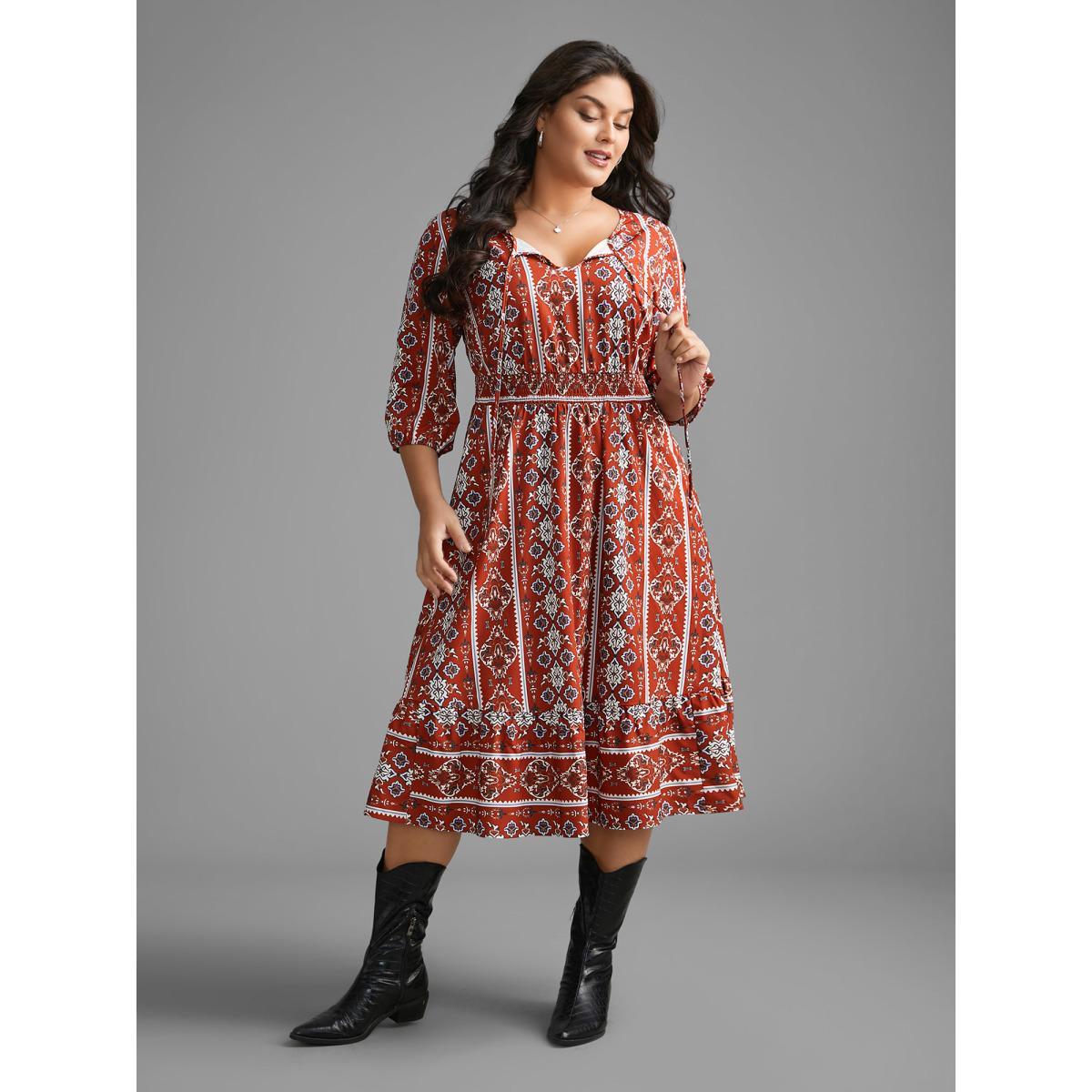 Plus Size Boho Print Shirred Tie Knot Midi Dress Russet Women Resort Tie knot V-neck Elbow-length sleeve Curvy BloomChic 12/L Product Image