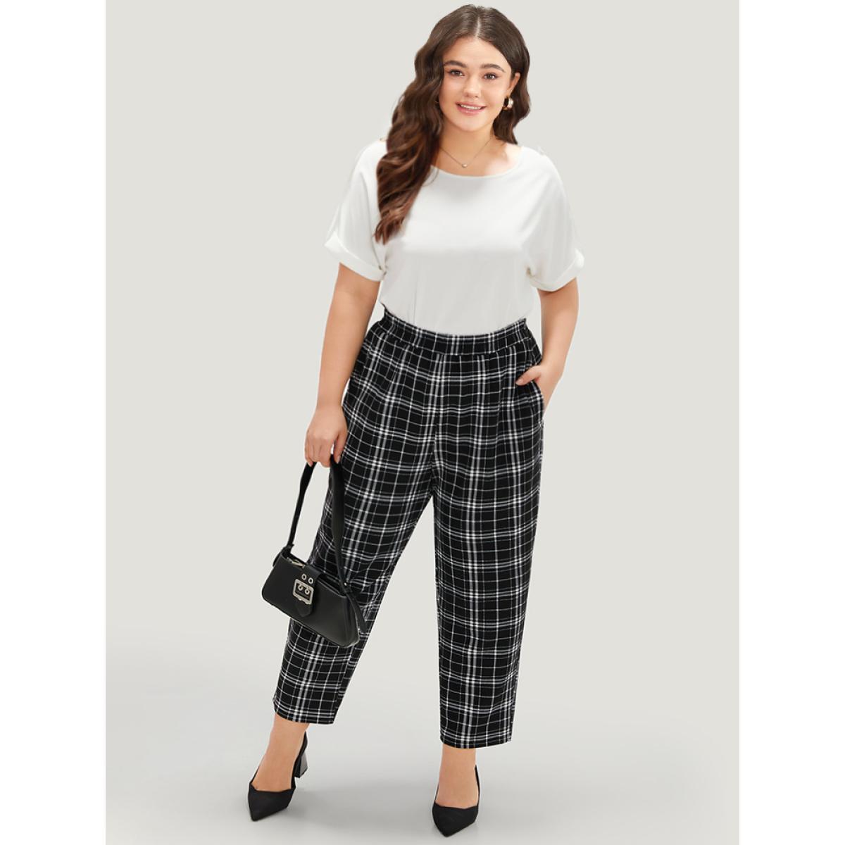 Plus Size Plaid Elastic Waist Straight Leg Pants Women Black Work From Home Straight Leg High Rise Work Pants BloomChic 22-24/3X Product Image