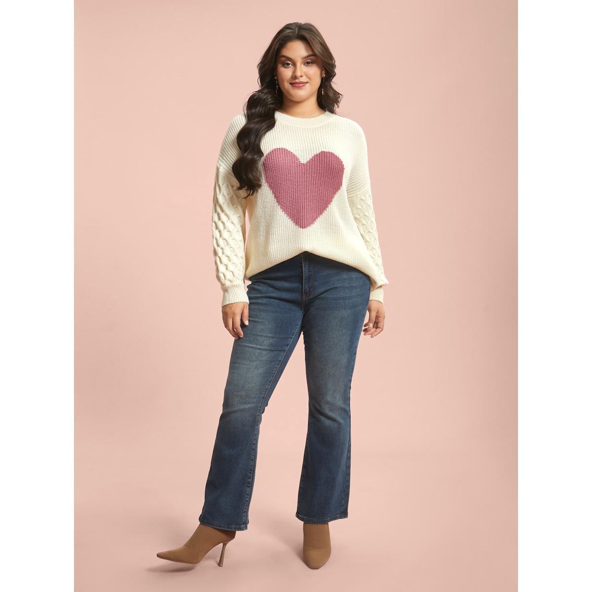 Plus Size Round Neck Heart Cable Knit Pullover Ivory Women Casual Loose Long Sleeve Round Neck Everyday Pullovers BloomChic 12/L Product Image
