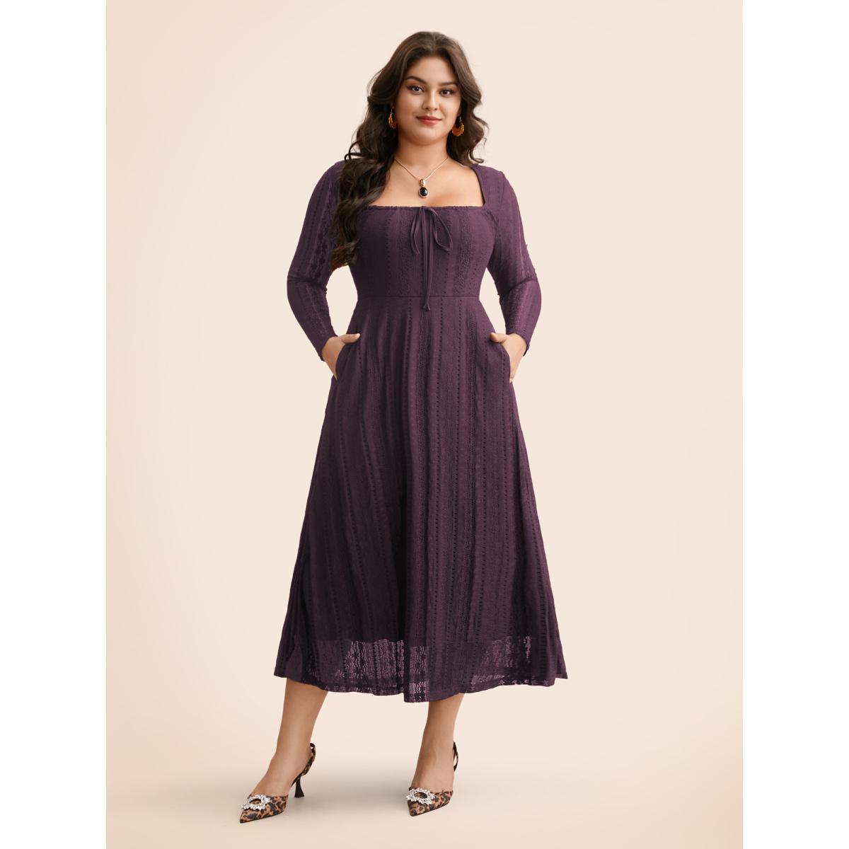 Plus Size Lace Panel Square Neck Tie Knot Dress DarkGreen Women Elegant Tie knot Square Neck Long Sleeve Curvy BloomChic 26/4X Product Image