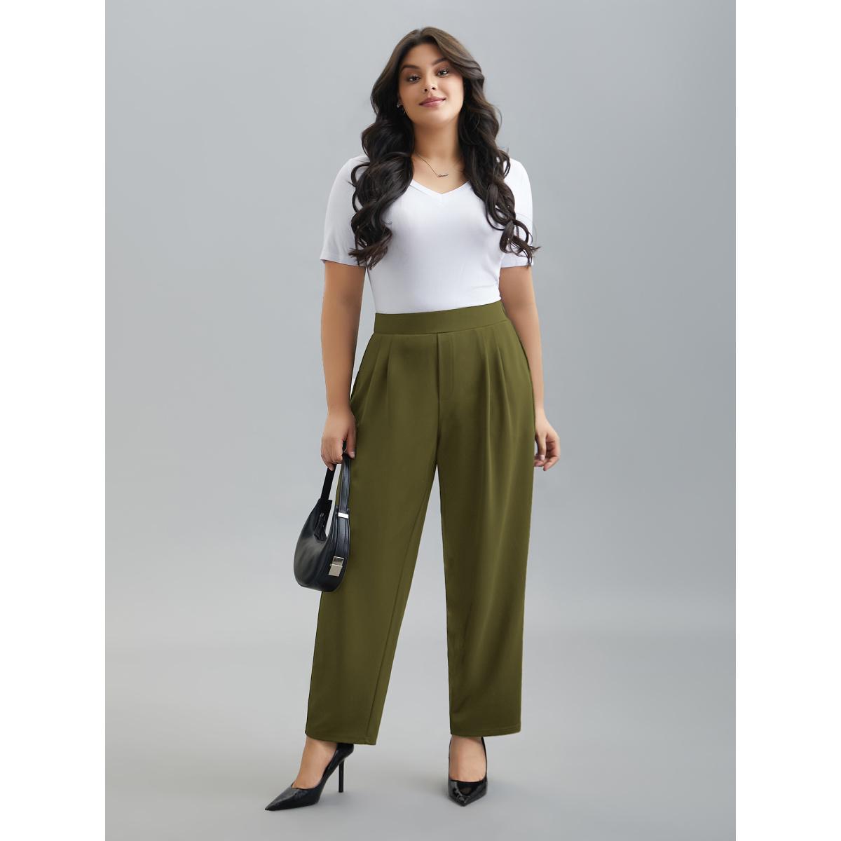 Plus Size Stretchy-Waist Straight Leg Pants Women Olive Workwear Essentials Straight Leg Mid Rise Work Pants BloomChic 18-20/2X Product Image