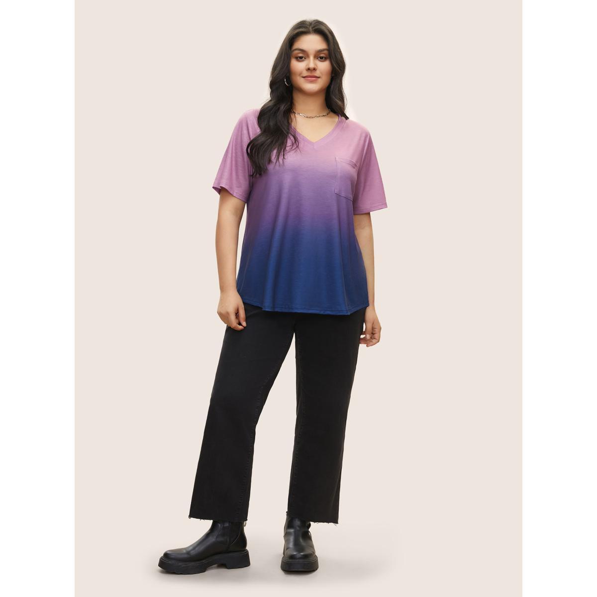 Plus Size Ombre Contrast Patched Pocket T-shirt Multicolor Women Casual Non Ombre V-neck Everyday T-shirts BloomChic 30/6X Product Image