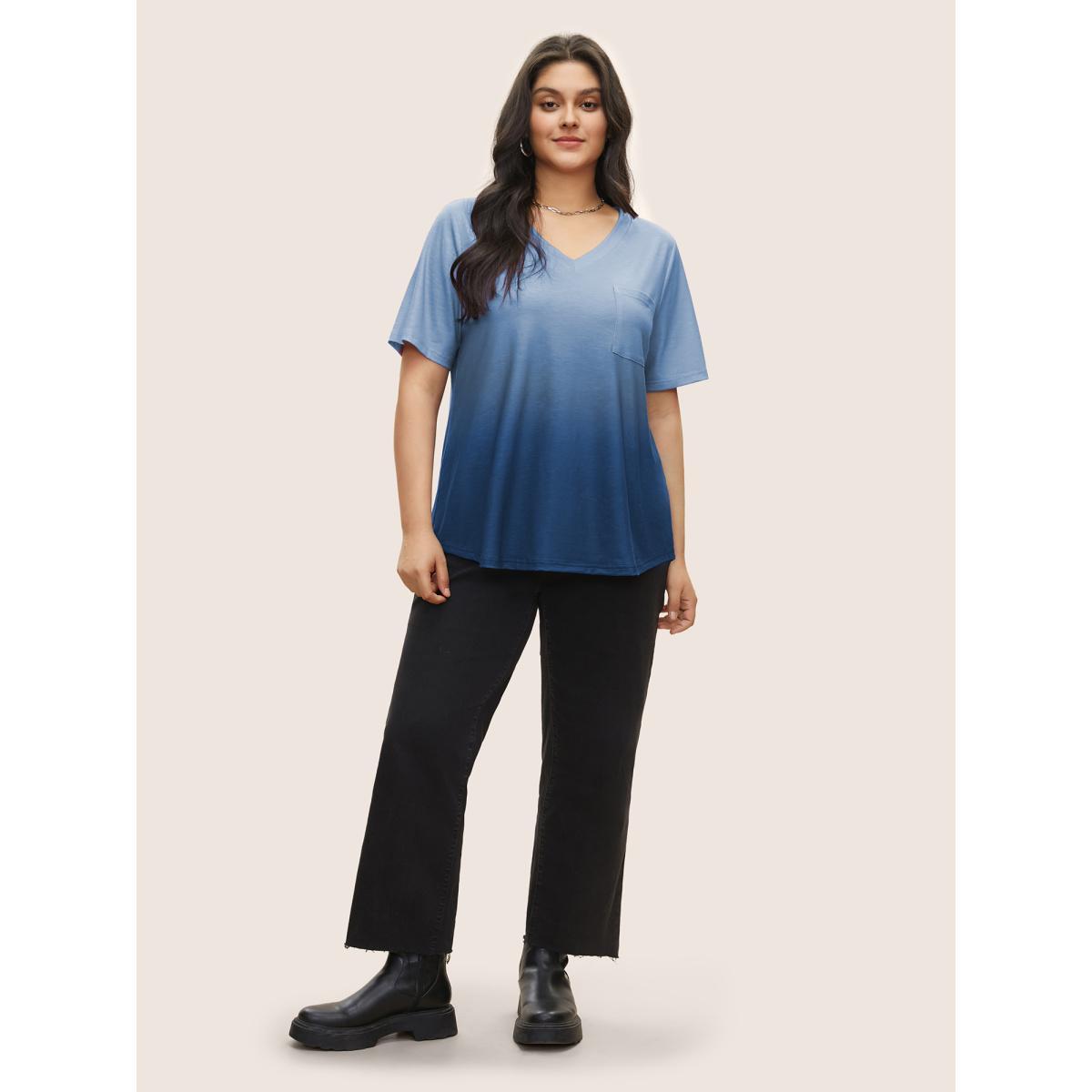 Plus Size Ombre Contrast Patched Pocket T-shirt Cerulean Women Casual Non Ombre V-neck Everyday T-shirts BloomChic 28/5X Product Image