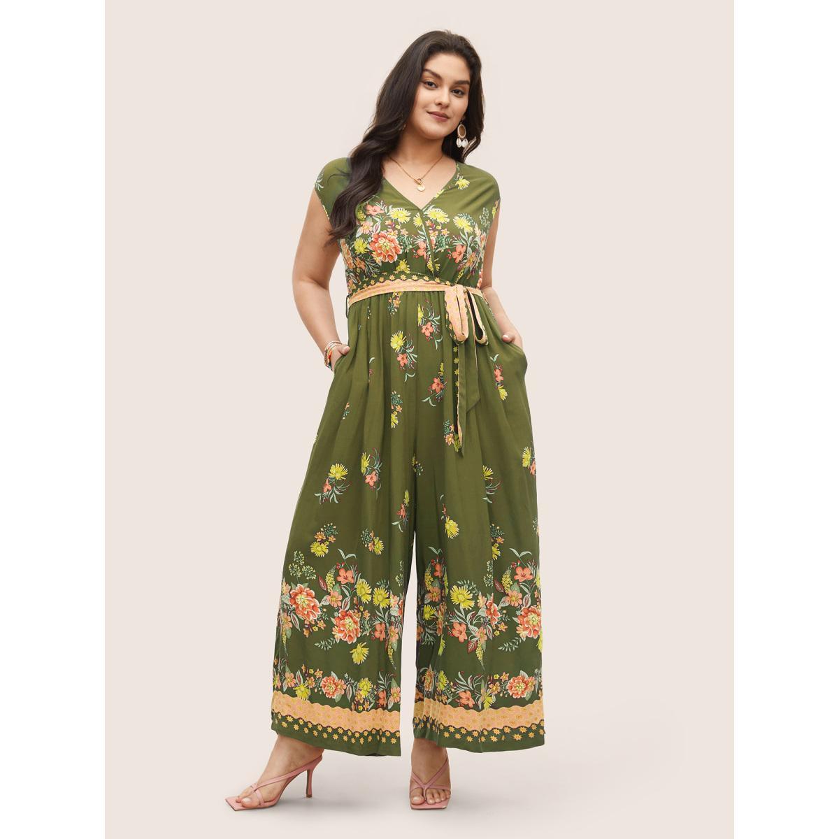 Plus Size Sage Boho Print Overlap Collar Belted Sleeveless Jumpsuit Women Resort Cap Sleeve V-neck Vacation Loose Jumpsuits BloomChic 10/M Product Image