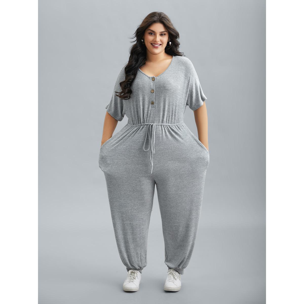Plus Size LightGray Supersoft Button Drawstring Straight Jumpsuit Women Casual Half Sleeve Round Neck Everyday Loose Jumpsuits BloomChic 10/M Product Image
