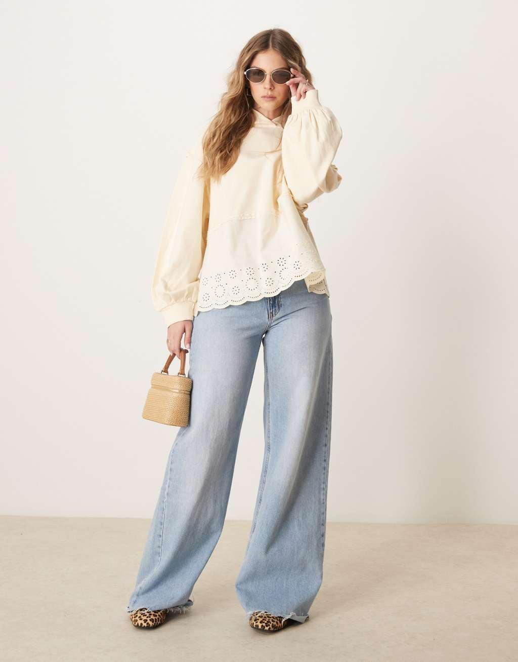 ASOS DESIGN oversized hoodie with embroidery detail in washed cream Product Image