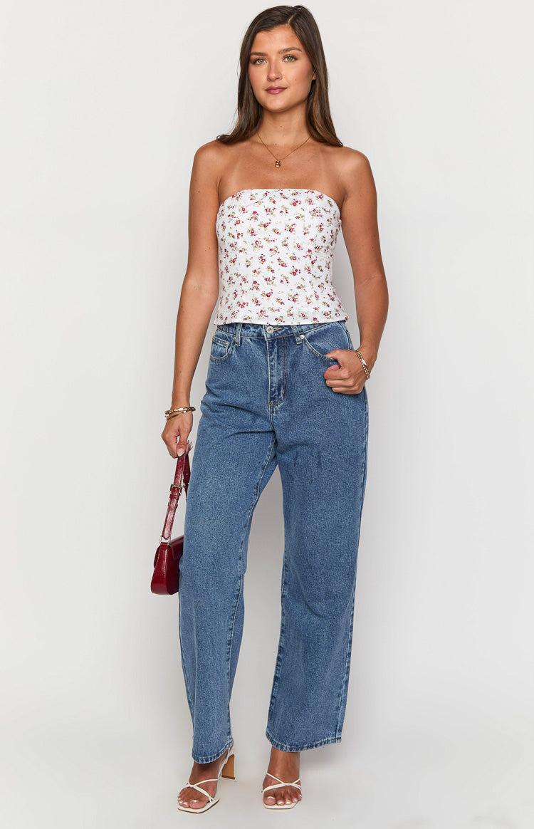 Paisley White Floral Strapless Top Product Image
