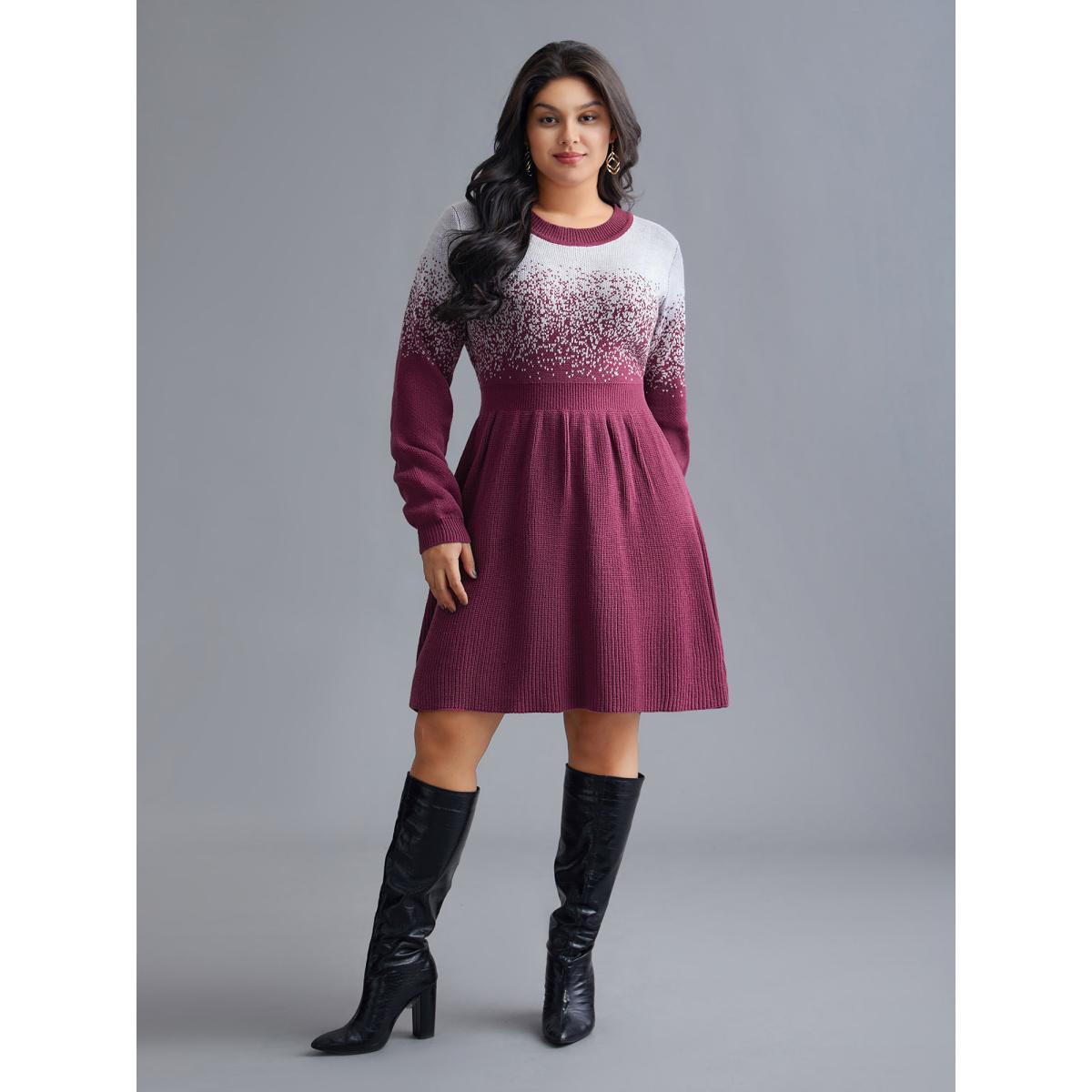 Plus Size Contrast Textured Elastic Waist Sweater Dress Plum Women Elegant Bodycon Long Sleeve Everyday Sweater Dresses BloomChic 26/4X Product Image