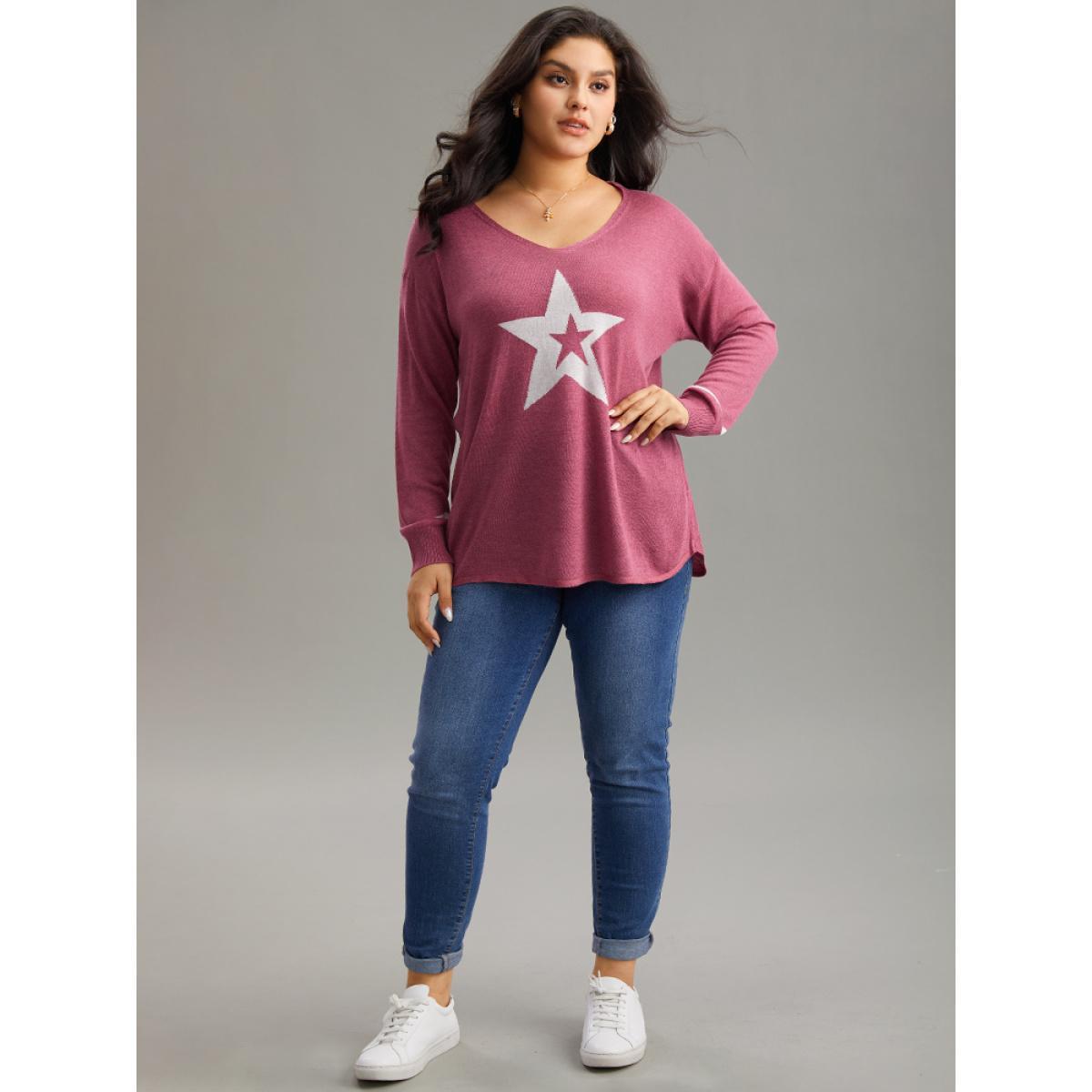 Plus Size Supersoft Essentials Star V Neck Pullover Rust Women Casual Long Sleeve V-neck Dailywear Pullovers BloomChic 18-20/2X Product Image