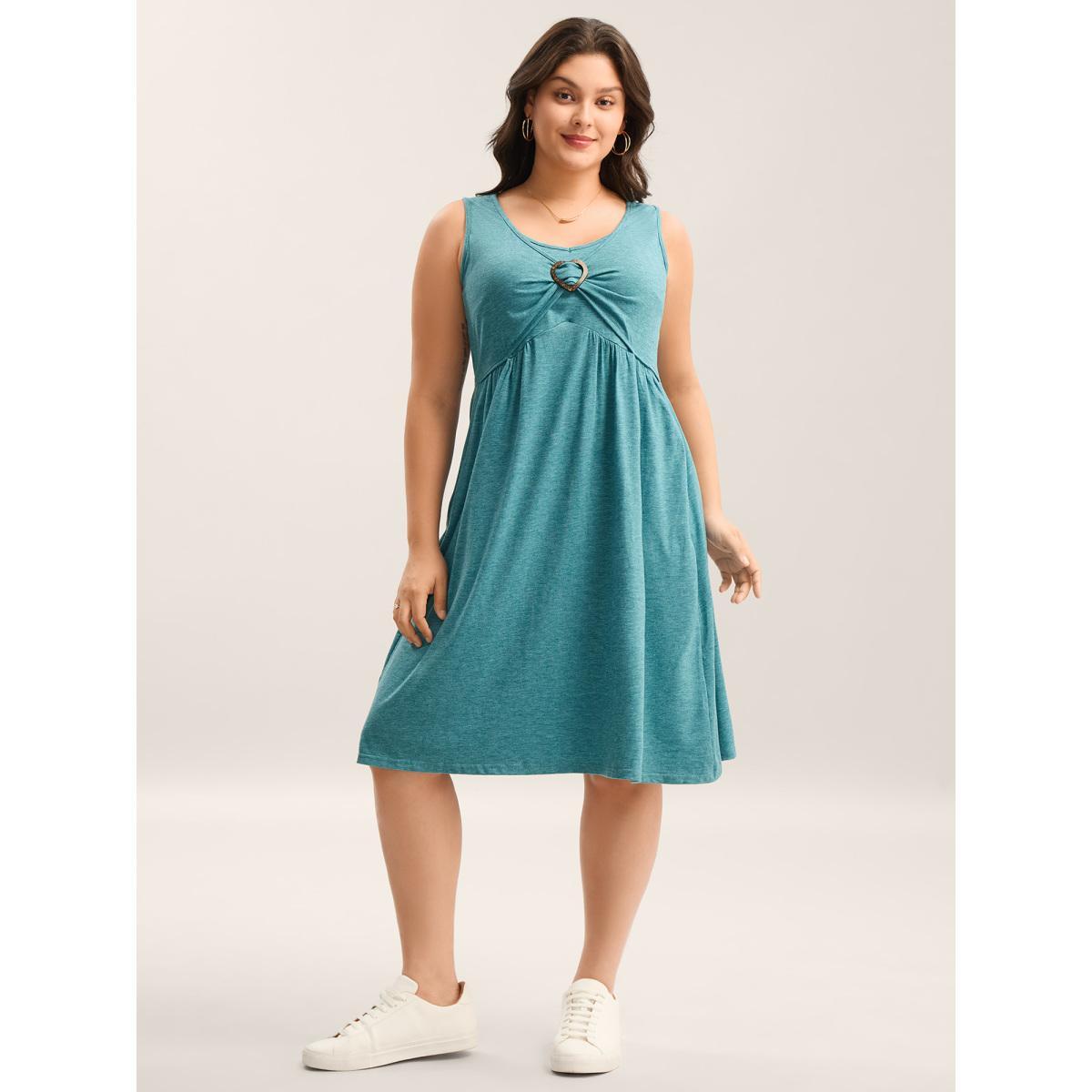 Plus Size Buckle Detail Ruched Midi Knit Dress Cerulean Women Knit Dresses Bloomchic 14-16/1X Product Image
