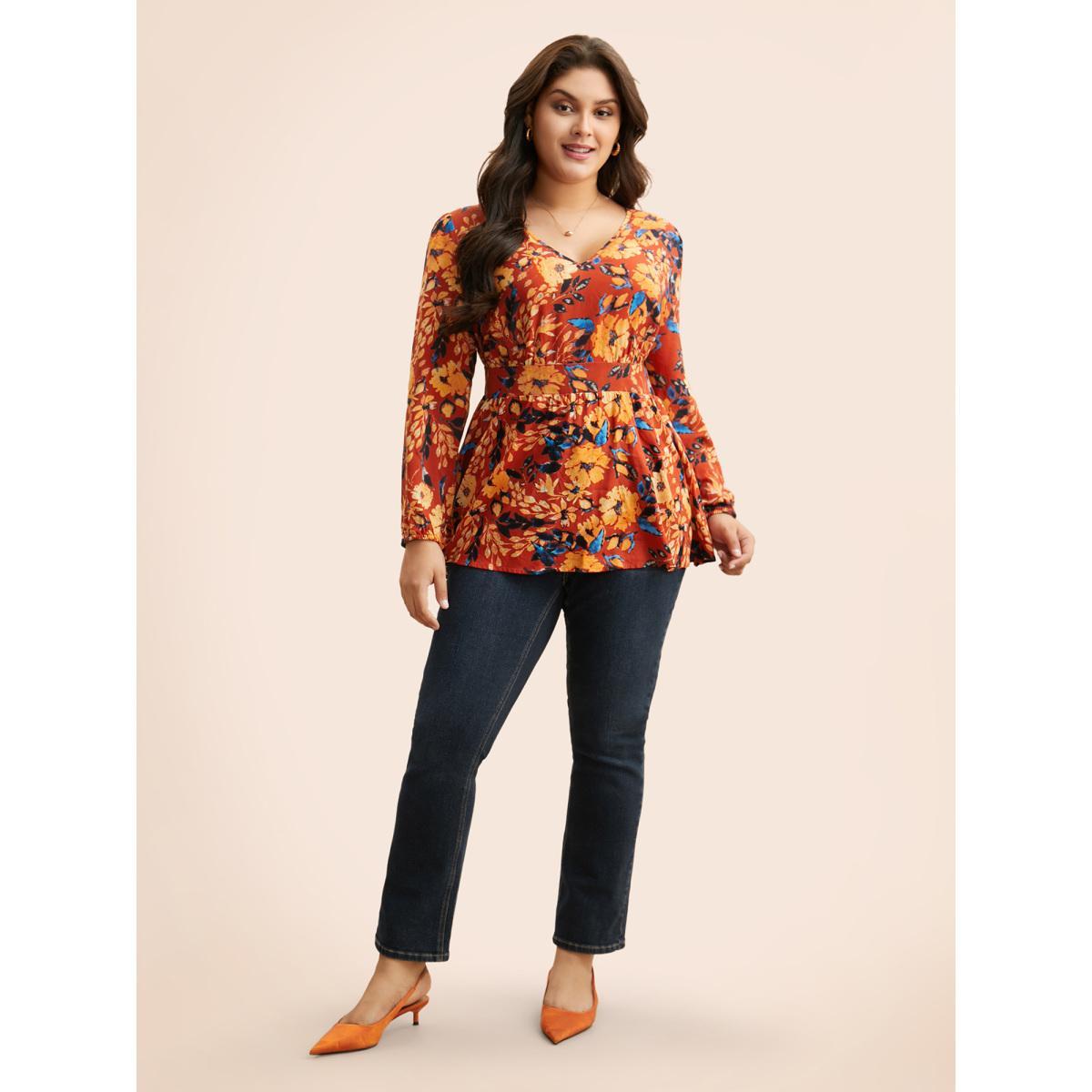 Plus Size Multicolor Floral Shirred Gathered Lantern Sleeve Blouse Women Elegant Long Sleeve V-neck Everyday Blouses BloomChic 30/6X Product Image