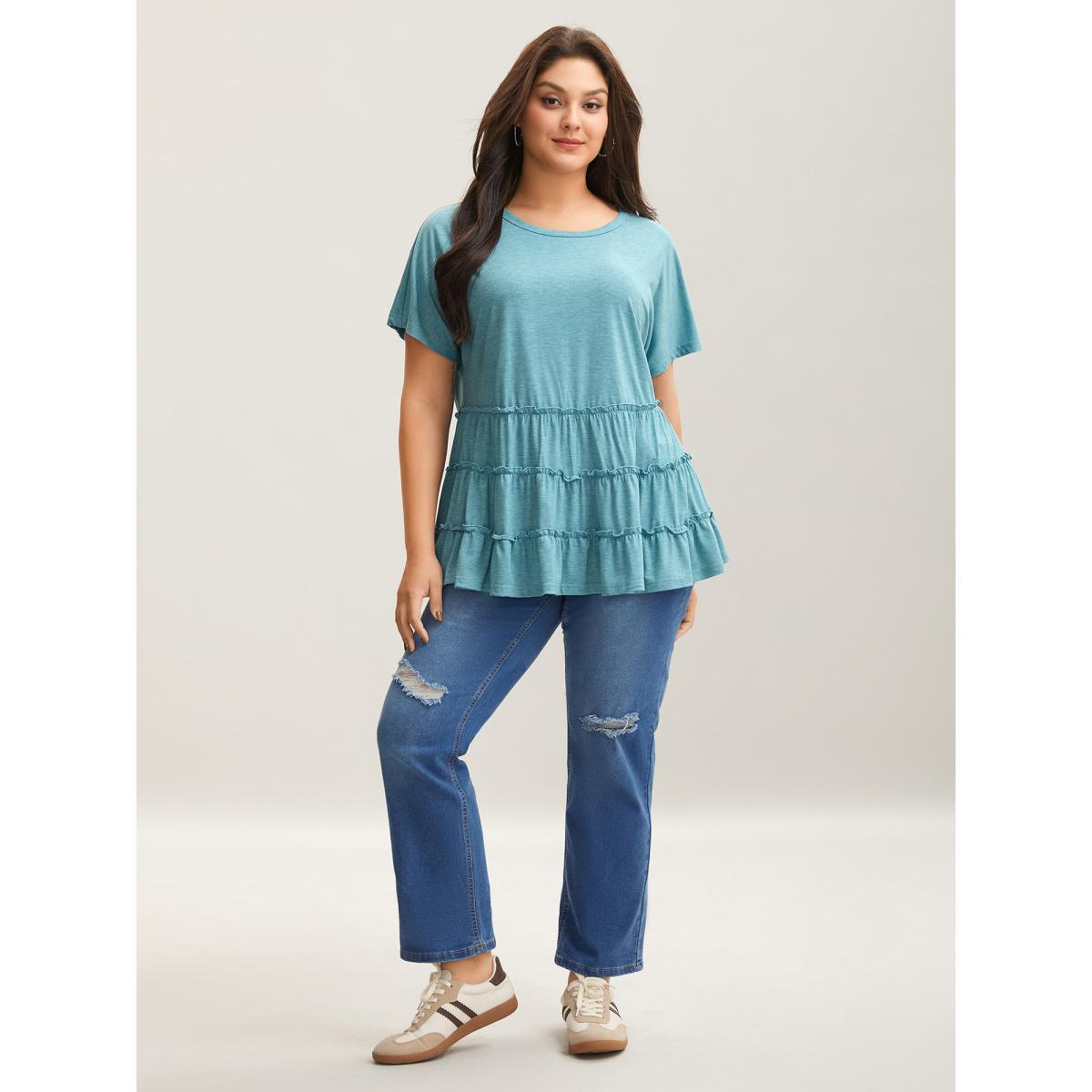 Plus Size Tiered Petal Trim Crew Neck T-Shirt Stone Women Casual Gathered Round Neck Everyday T-shirts BloomChic 22-24/3X Product Image
