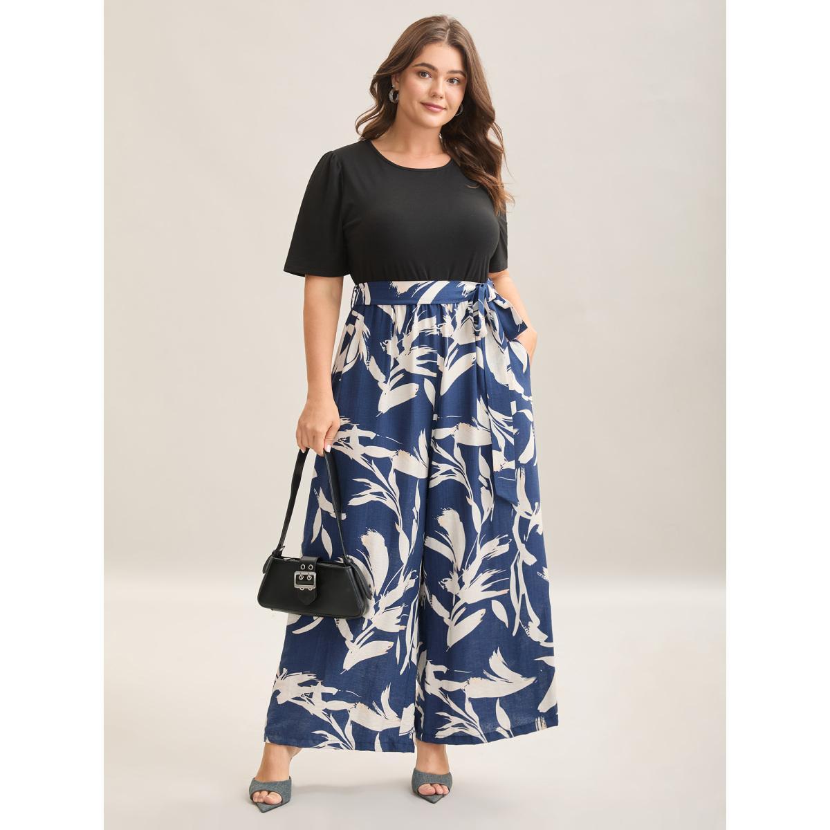 Plus Size Black Feather Print Contrast Pockets Belted Jumpsuit Women Short sleeve Round Neck Work Loose Jumpsuits BloomChic 10/M Product Image