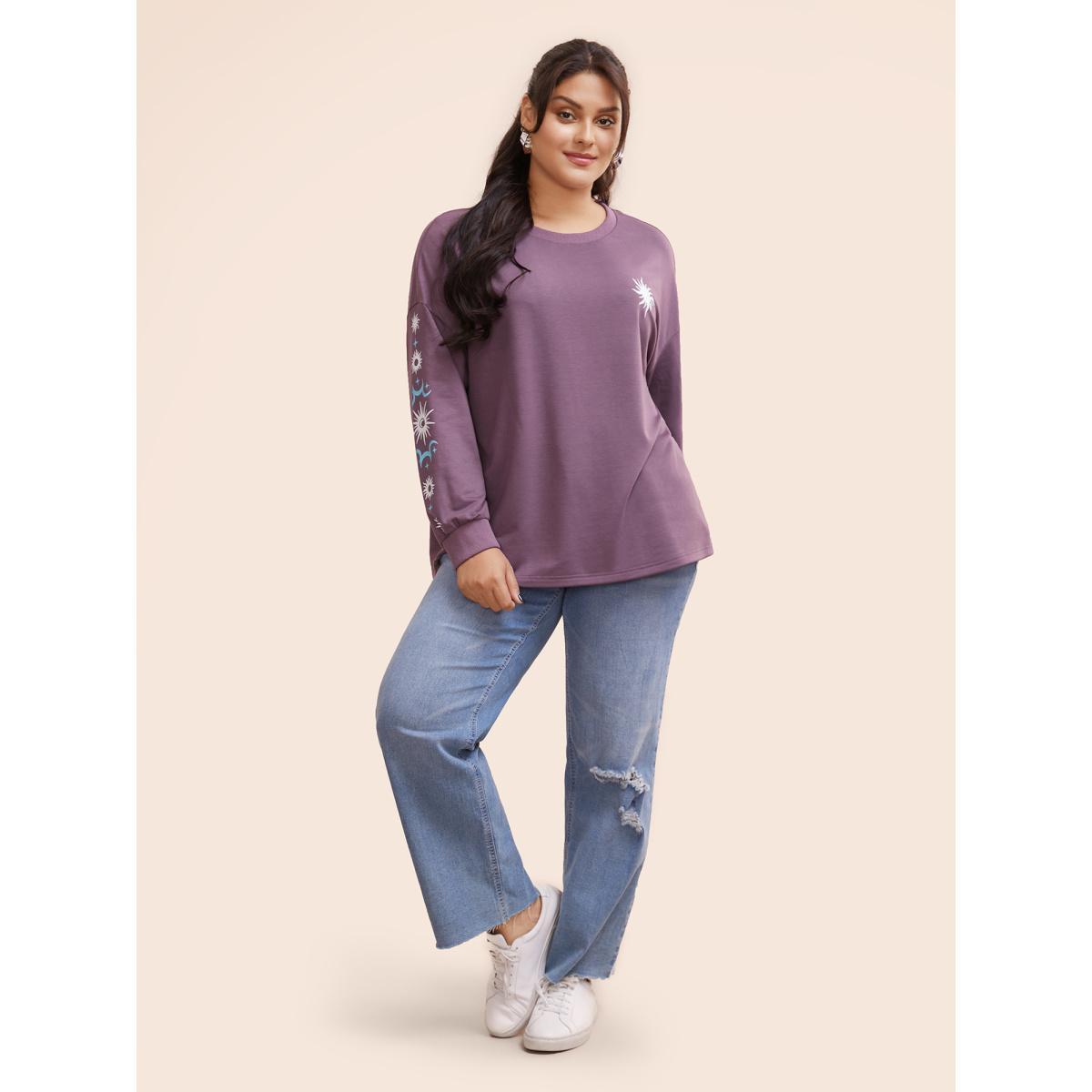 Plus Size Moon & Star Drop Shoulder Sweatshirt Women Mauve Casual Patchwork Round Neck Everyday Sweatshirts BloomChic 28/5X Product Image