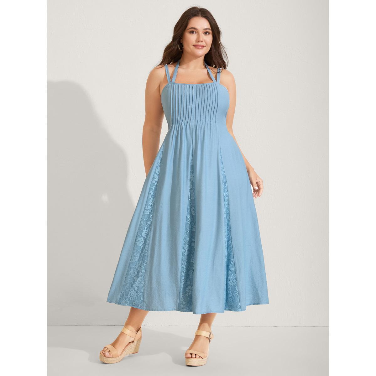 Plus Size Lace Spliced Pleated Solid Midi Dress LightBlue Women Square Neck Sleeveless Curvy BloomChic 12/L Product Image