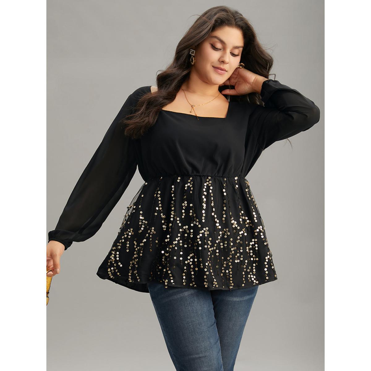 Plus Size Black Sequin Mesh Patchwork Square Neck Blouse Women Glamour Long Sleeve Square Neck Going out Blouses BloomChic 28/5X Product Image