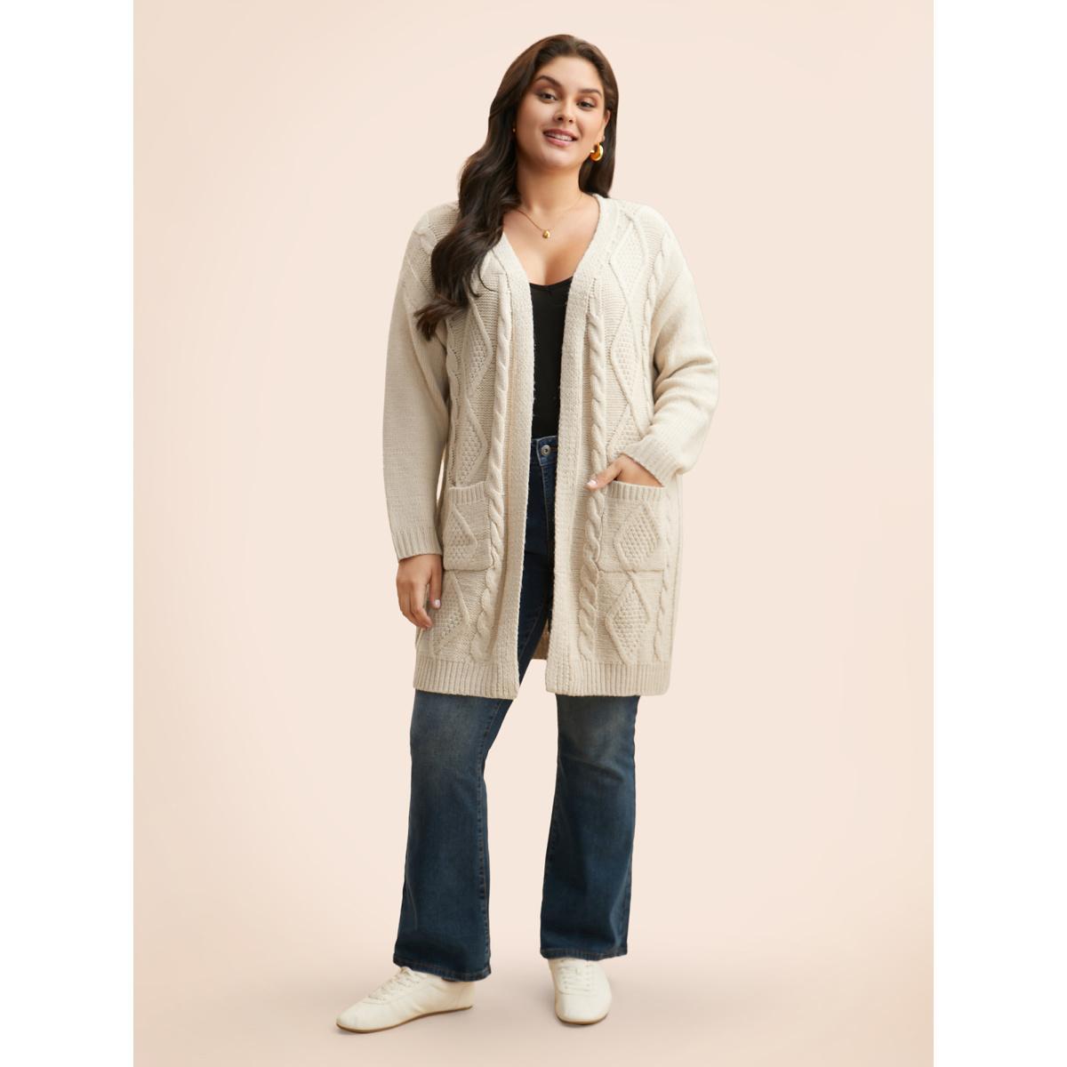 Plus Size Cable Knit Drop Shoulder Pocket Cardigan WhiteSmoke Women Casual Loose Sleeveless Everyday Cardigans BloomChic 22-24/3X Product Image