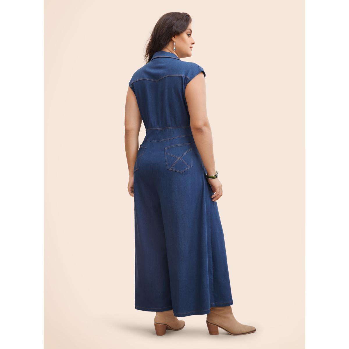 Plus Size Stretch Denim Seamed Flare Jumpsuit Midblue Women Button Medium stretch Vacation Patch pocket Resort Denim Jumpsuits BloomChic 30/6X Product Image