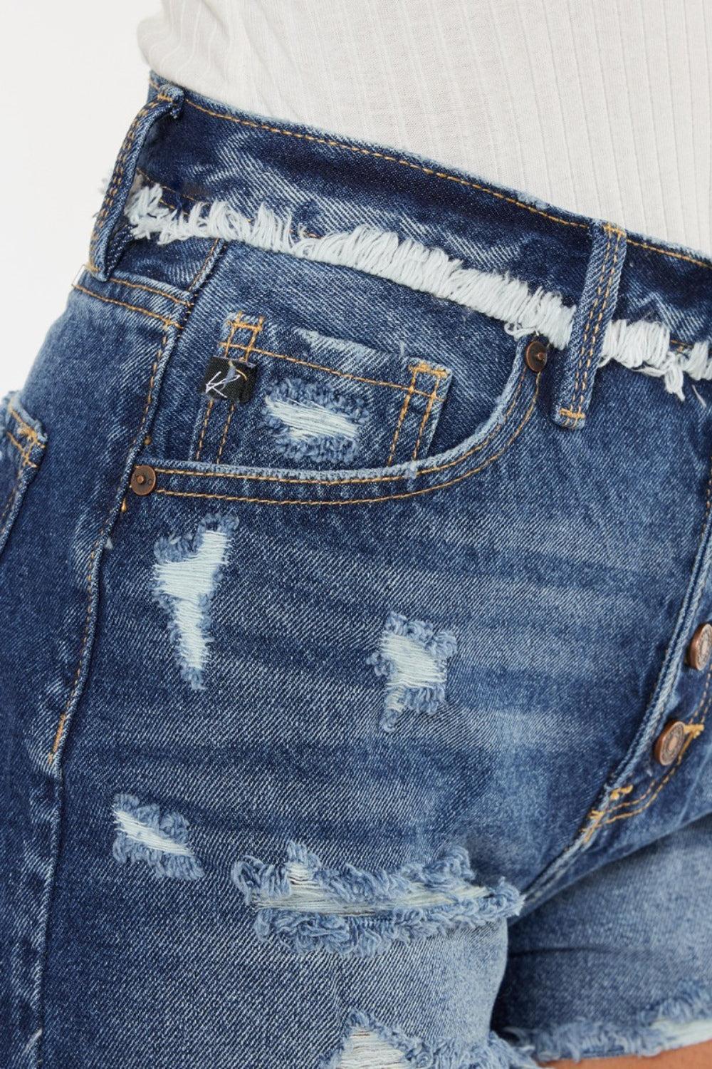 Kancan Dark Wash Distressed Button Fly Denim Shorts Product Image