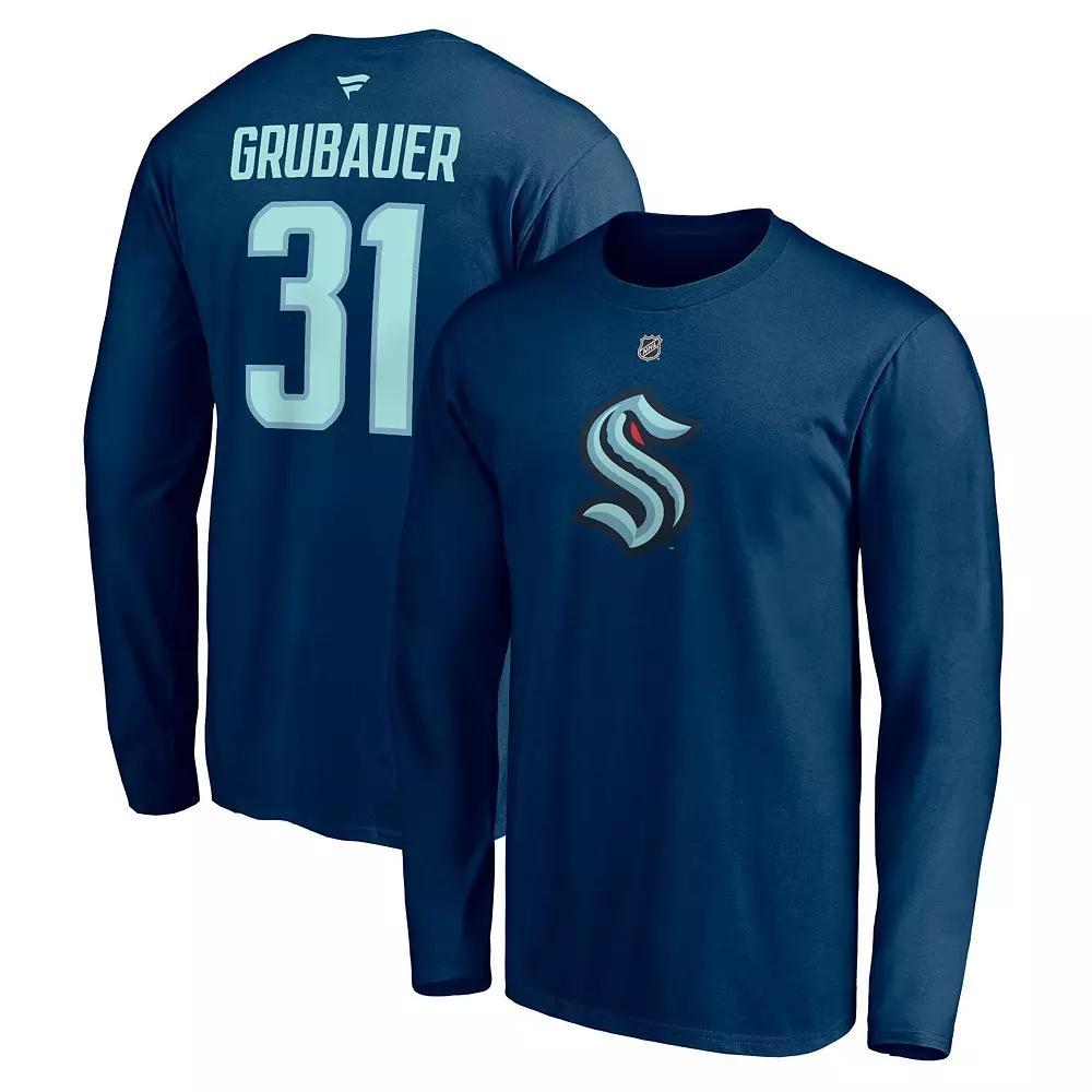 Men's Fanatics Branded Philipp Grubauer Deep Sea Blue Seattle Kraken Authentic Stack Name & Number Long Sleeve T-Shirt, Size: 2XL, Krk Blue Product Image