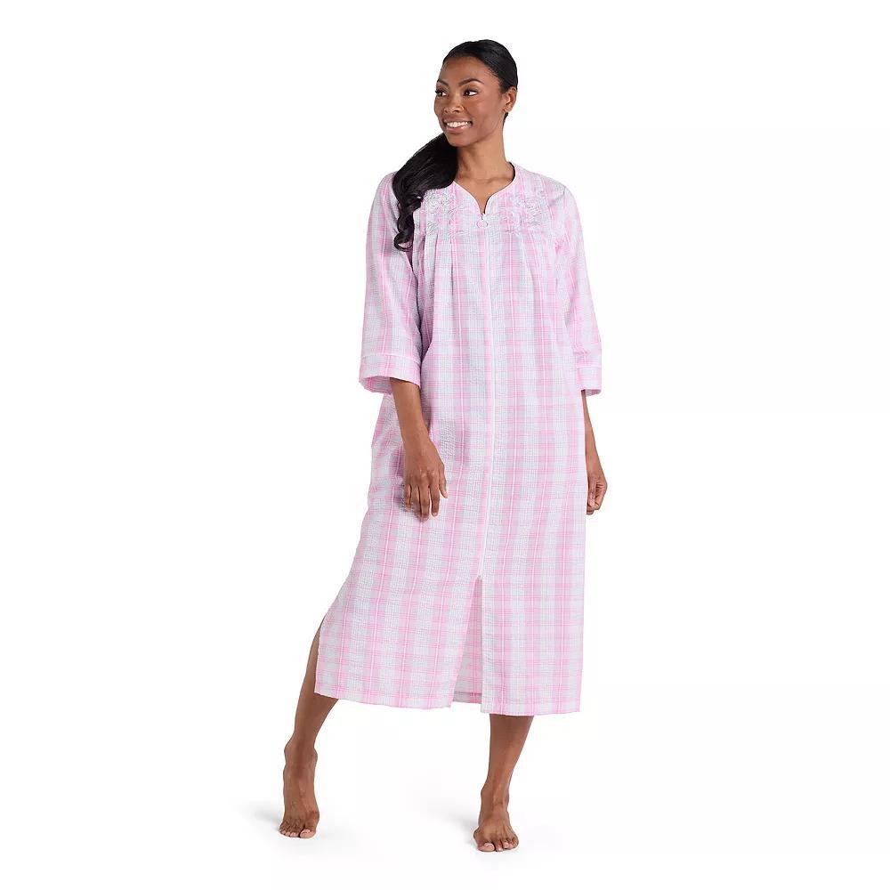 Women's Miss Elaine Essentials Seersucker Long Zip Robe, Size: XL, Blue Mint Check Product Image