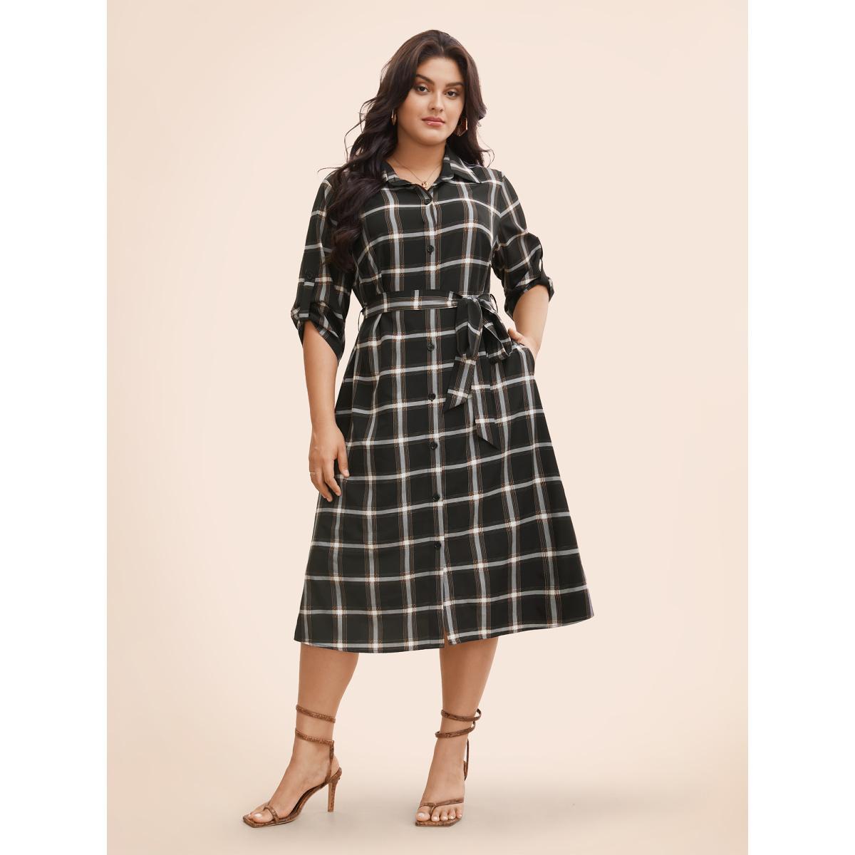 Plus Size Plaid Shirt Collar Belted Tab Sleeve Dress Black Women Elegant Belted Shirt collar Elbow-length sleeve Curvy BloomChic 14-16/1X Product Image