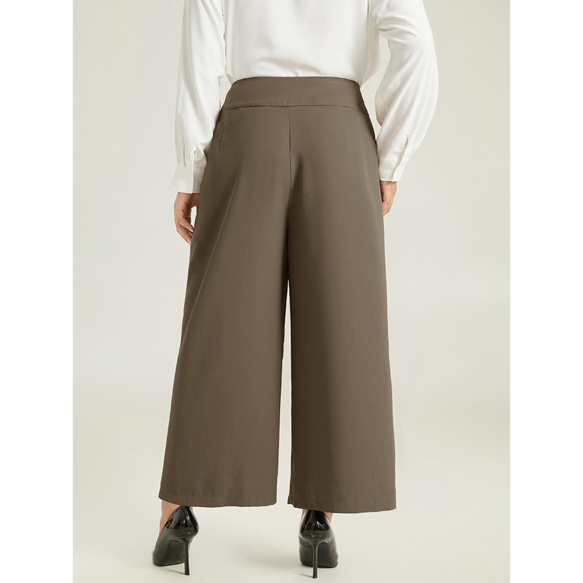 Plus Size Anti-Wrinkle High Rise Control Metal Detail Pants Women DarkBrown Office Wide Leg High Rise Work Pants BloomChic 18-20/2X Product Image