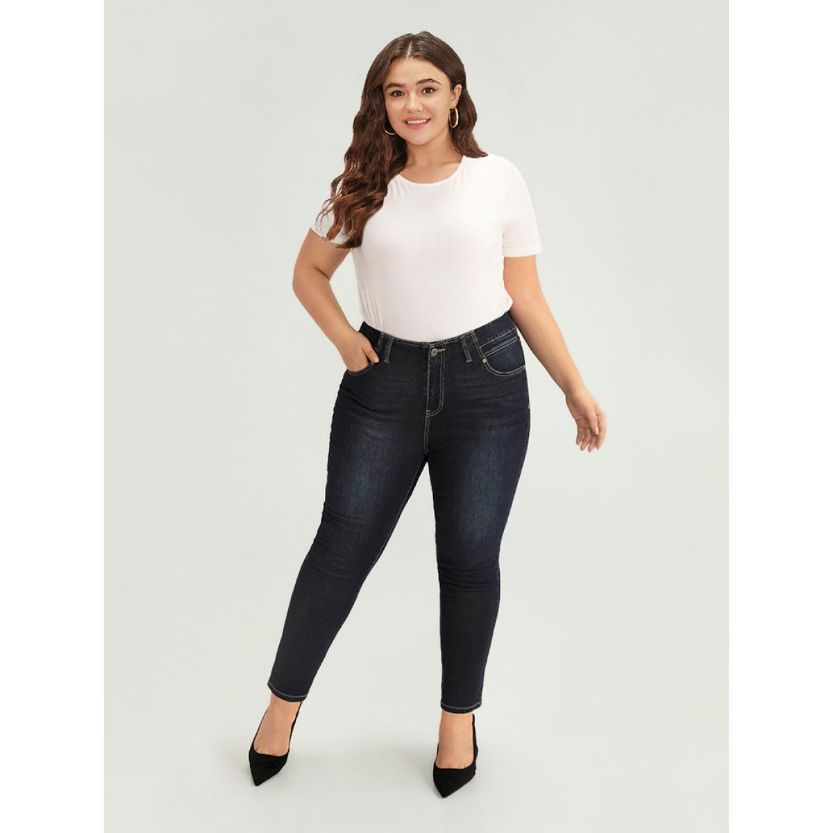 Plus Size Solid Stitch Very Stretchy Patchwork Waist Jeans Women Midnight Casual Plain Plain High stretch Pocket Jeans BloomChic 24/3X Product Image