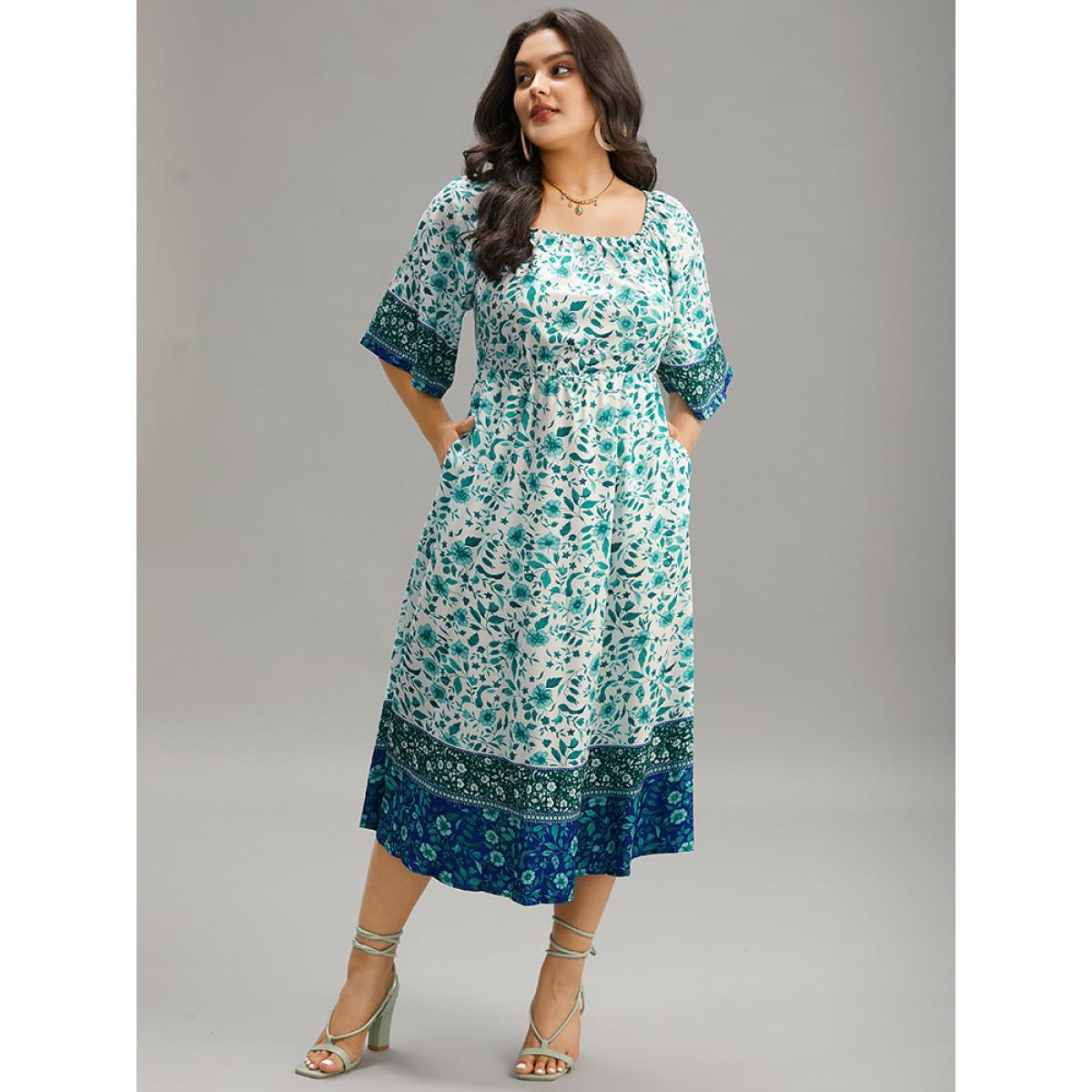Plus Size Floral Print Patchwork Square Neck Raglan Sleeve Dress Emerald Women Vacation Gathered Square Neck Half Sleeve Curvy Midi Dress BloomChic 10/M Product Image