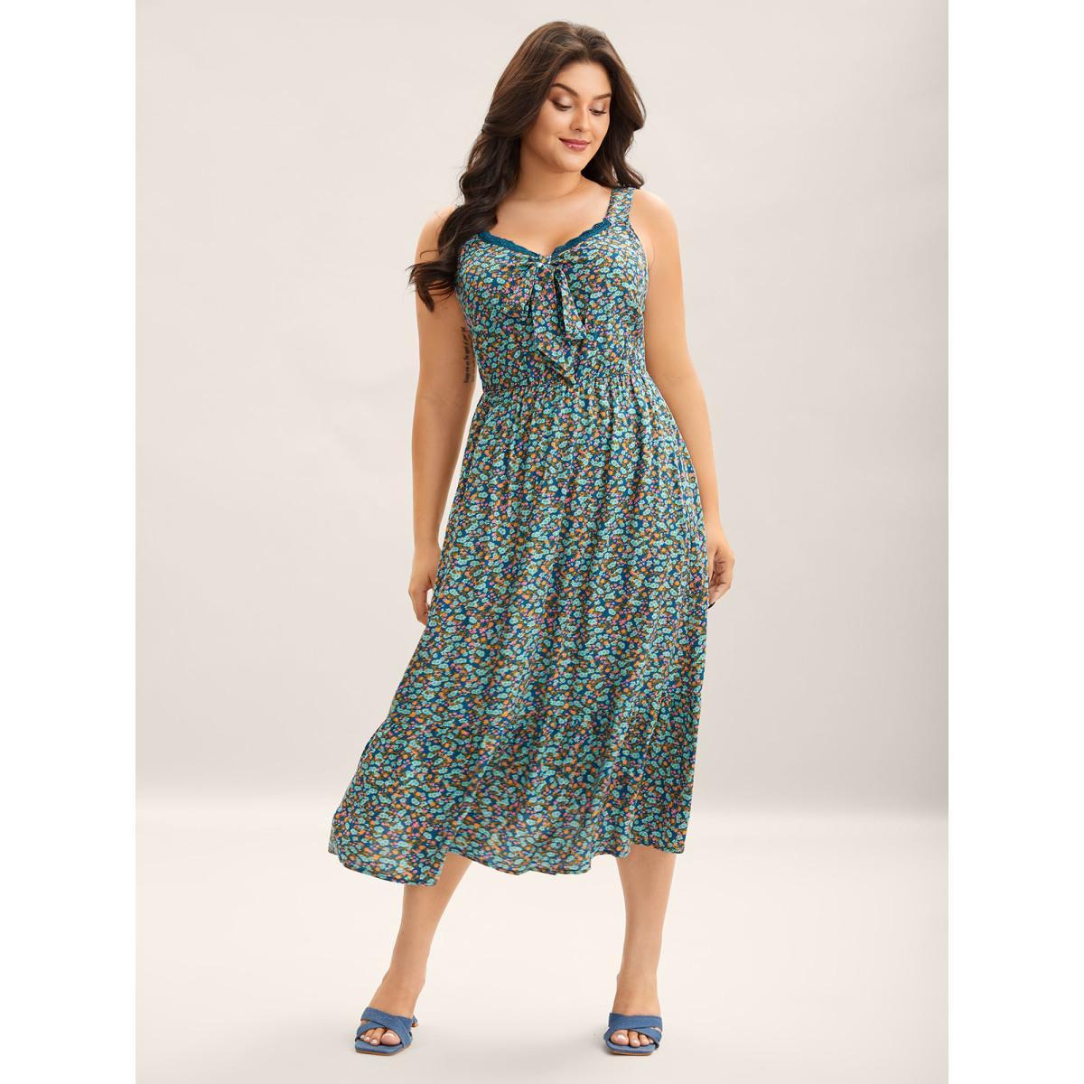Plus Size Ditsy Floral Print Neck Ribbon Midi Dress Aegean Women Heart neckline Sleeveless Curvy BloomChic 14-16/1X Product Image