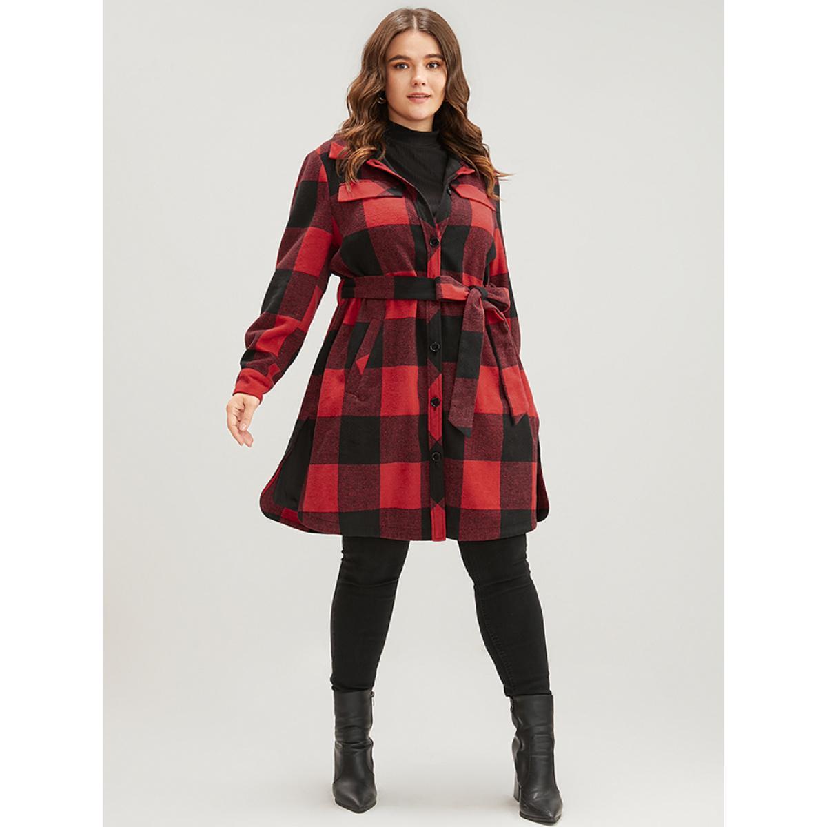 Plus Size Plaid Pocket Button Up Belted Coat Women Red Elegant Cross straps Ladies Dailywear Winter Coats BloomChic 30/6X Product Image