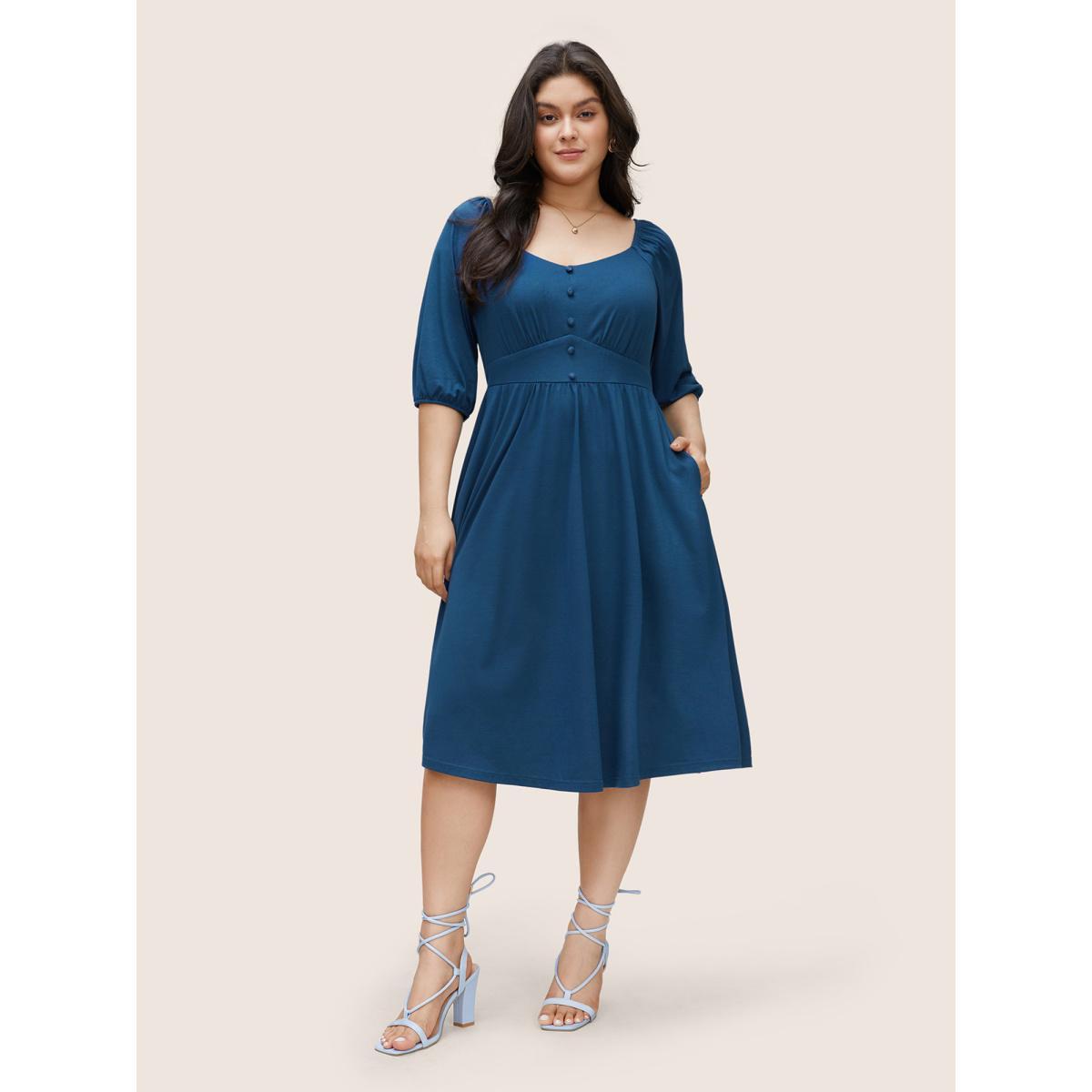 Plus Size Plain Gathered Button Detail Lantern Sleeve Dress DarkBlue Women Elegant Non Square Neck Elbow-length sleeve Curvy Midi Dress BloomChic 22-24/3X Product Image