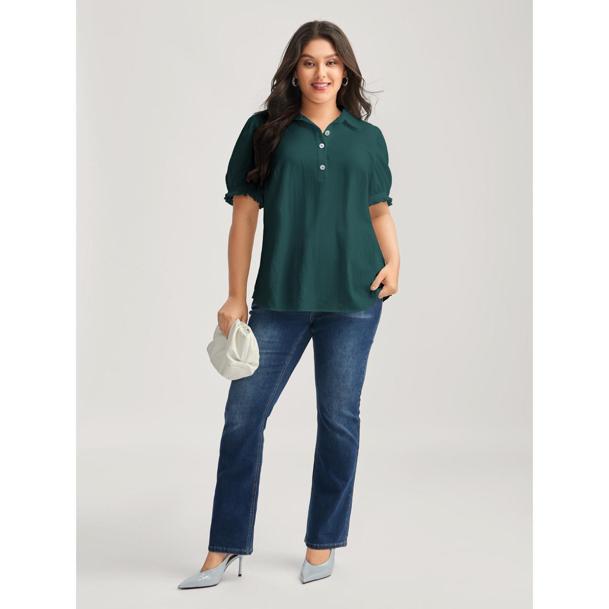 Plus Size Cyan Pure Cotton Ruffled Puffy Sleeve Blouse Women Short sleeve Shirt collar Work Blouses BloomChic 10/M Product Image