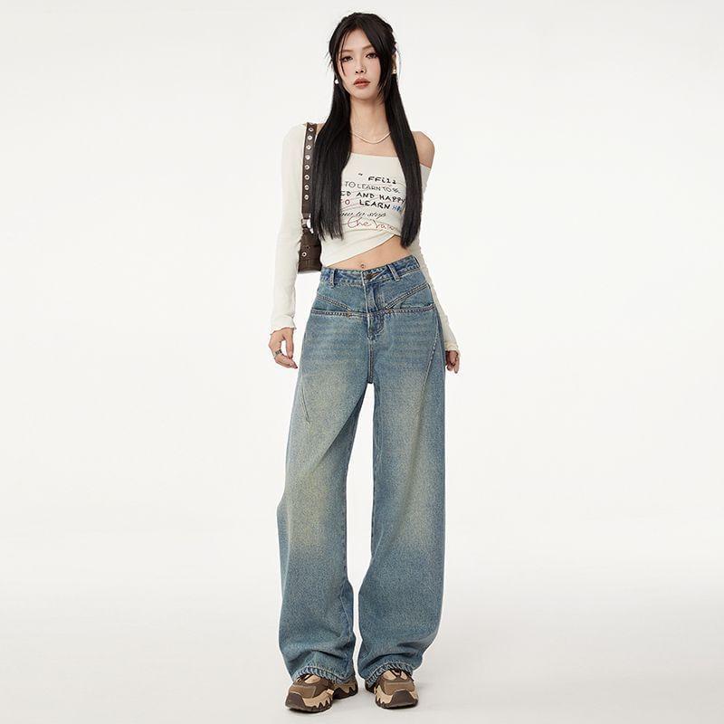 High Rise Washed Wide Leg Jeans (Various Designs) Product Image