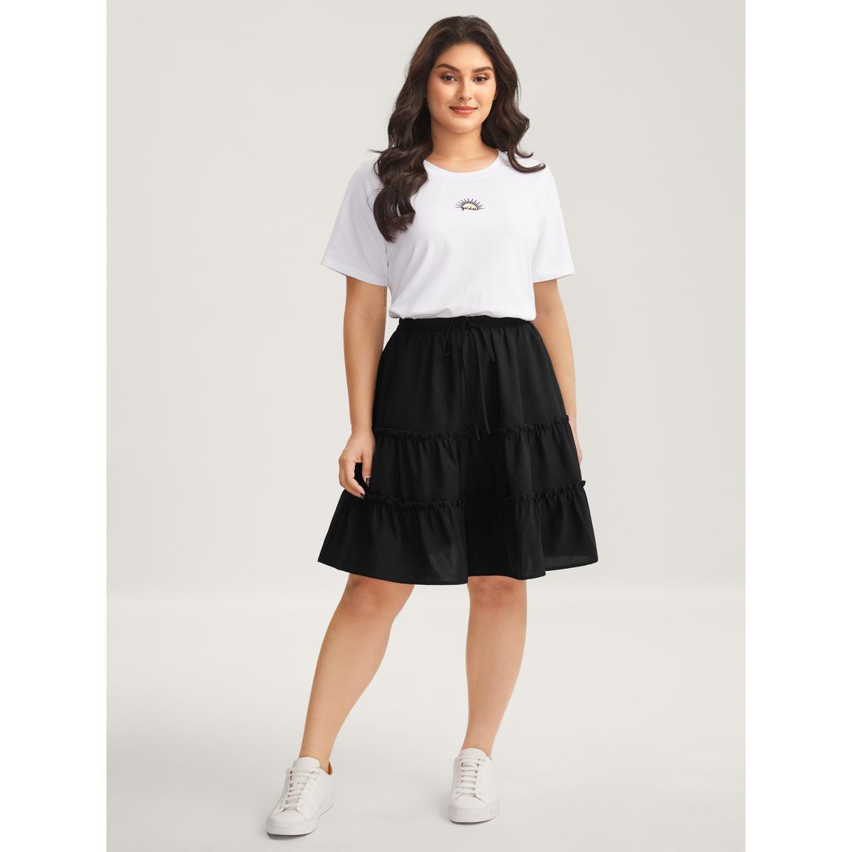 Plus Size Tiered Waist-Tie A-Line Midi Skirt Women Black No stretch Side seam pocket Everyday-Casual Skirts BloomChic 14-16/1X Product Image